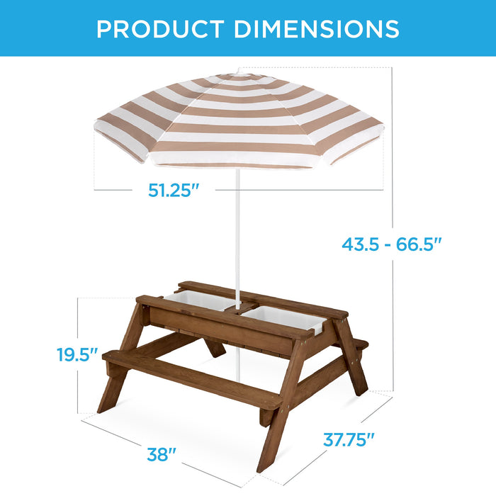 Table de pique-nique d'extérieur en bois avec sable et eau 3 en 1 pour enfants et parasol