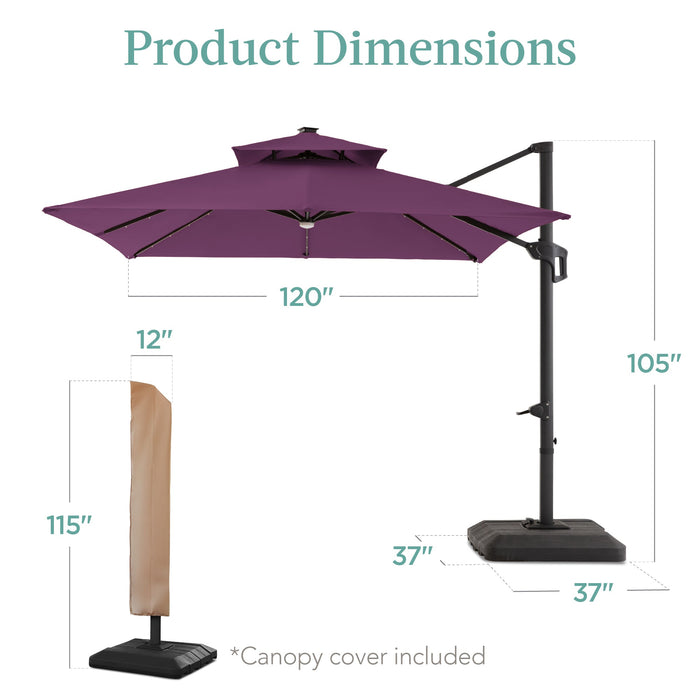 2-Tier Square LED Cantilever Offset Umbrella w/ 360 Rotation, Base - 10x10ft