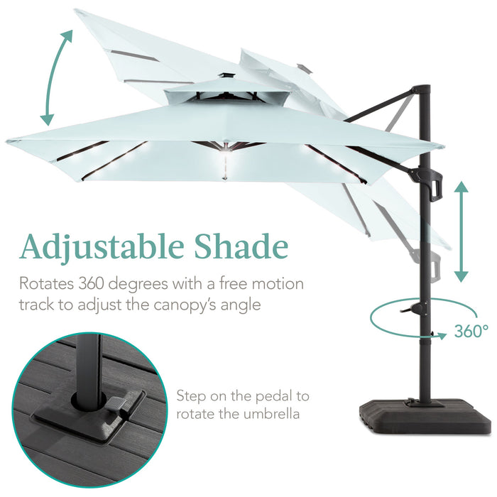 2-Tier Square LED Cantilever Offset Umbrella w/ 360 Rotation, Base - 10x10ft