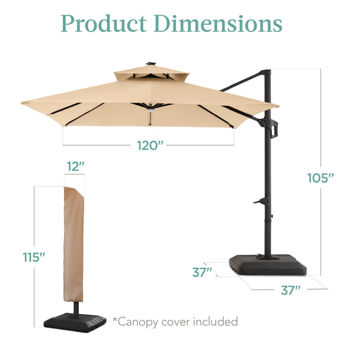 2-Tier Square LED Cantilever Offset Umbrella w/ 360 Rotation, Base - 10x10ft