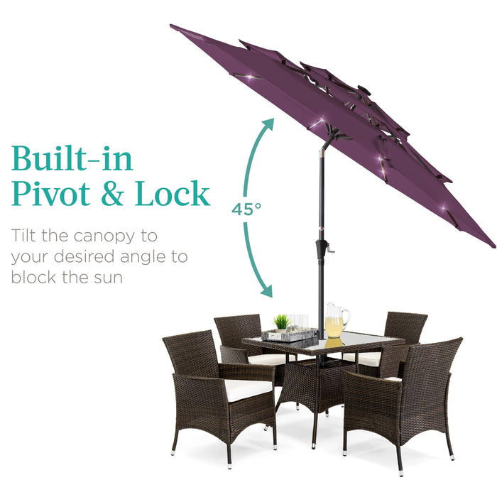 3-Tier Solar Patio Umbrella w/ LED Lights, Tilt Adjustment, Crank - 10ft