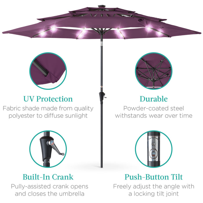 3-Tier Solar Patio Umbrella w/ LED Lights, Tilt Adjustment, Crank - 10ft