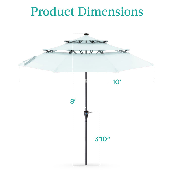 3-Tier Solar Patio Umbrella w/ LED Lights, Tilt Adjustment, Crank - 10ft