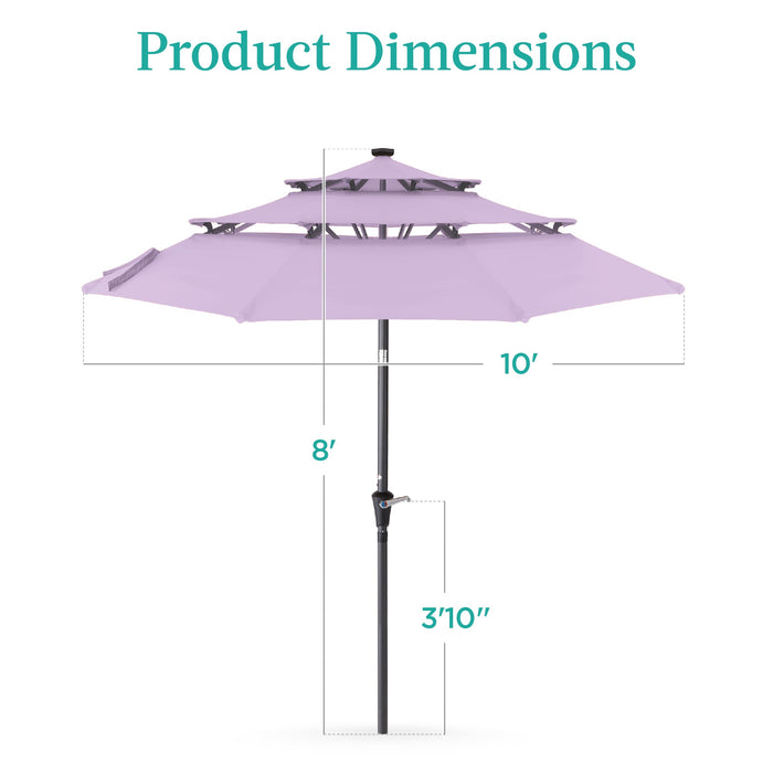 3-Tier Solar Patio Umbrella w/ LED Lights, Tilt Adjustment, Crank - 10ft