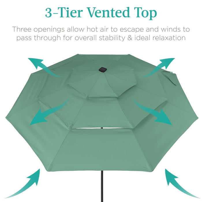 3-Tier Solar Patio Umbrella w/ LED Lights, Tilt Adjustment, Crank - 10ft