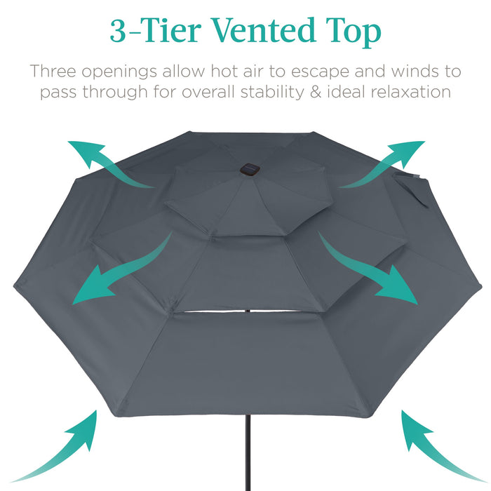 3-Tier Solar Patio Umbrella w/ LED Lights, Tilt Adjustment, Crank - 10ft