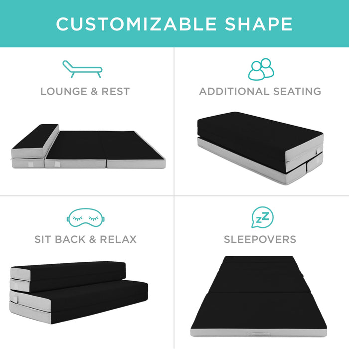 Surmatelas pliable et portable en onyx noir avec mousse moelleuse - 4 po