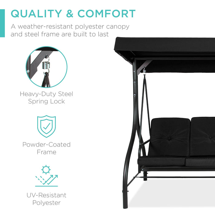 3-Seat Outdoor Canopy Swing Glider Furniture w/ Converting Flatbed Backrest