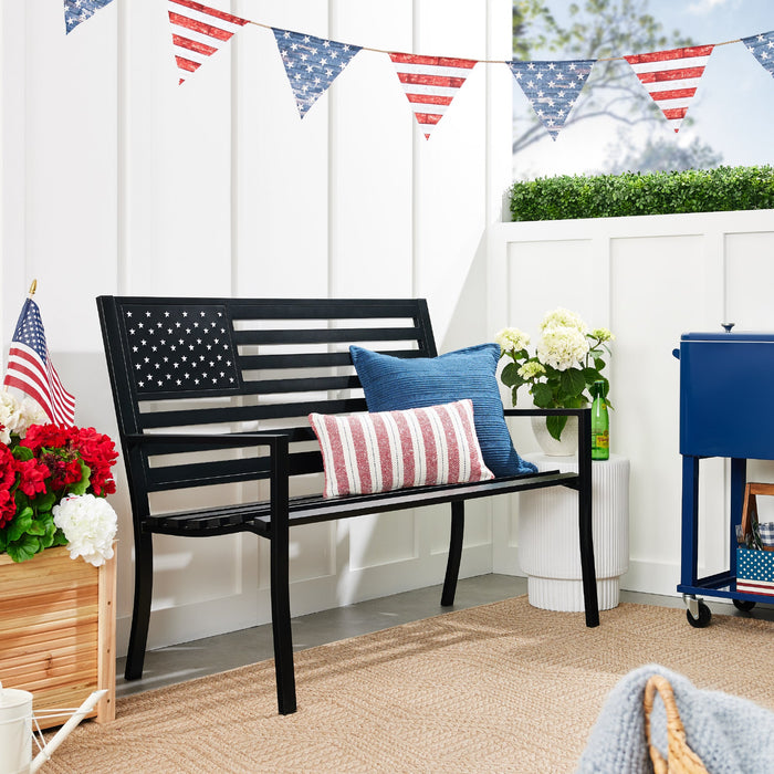 Indoor Outdoor Steel Bench w/ American Flag Backrest, 790lb Capacity