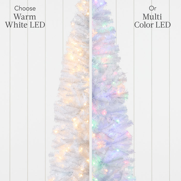 Pre-Lit White Pencil Christmas Tree w/ Metal Base, 2-in-1 Multicolor Lights