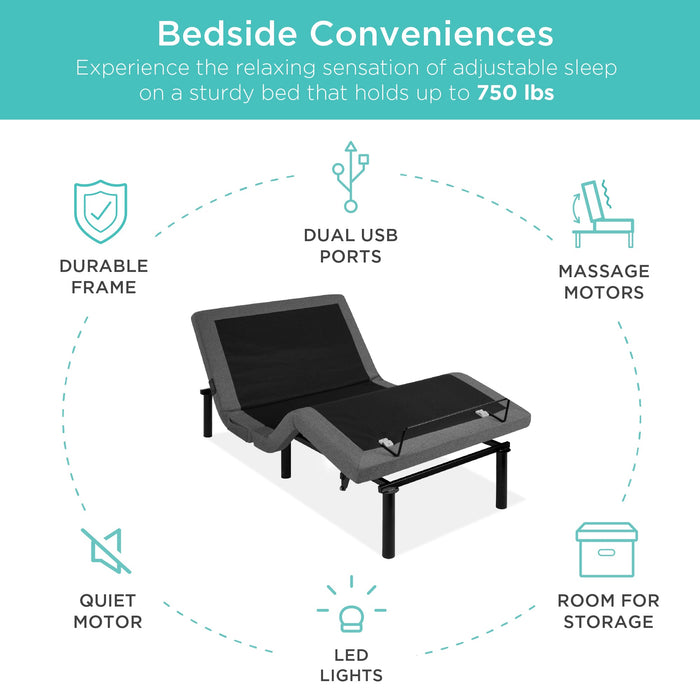 Adjustable Bed Base with Massage, Remote, USB Ports