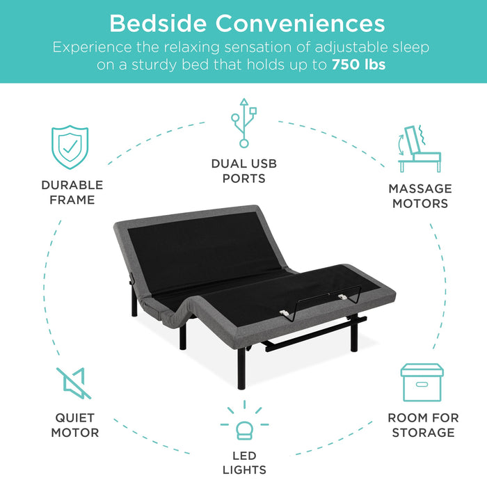 Adjustable Bed Base with Massage, Remote, USB Ports