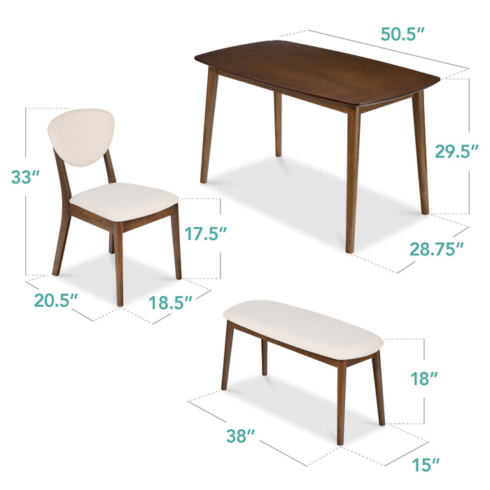 4-Piece Mid-Century Modern Upholstered Wooden Dining Set w/ 2 Chairs, Bench