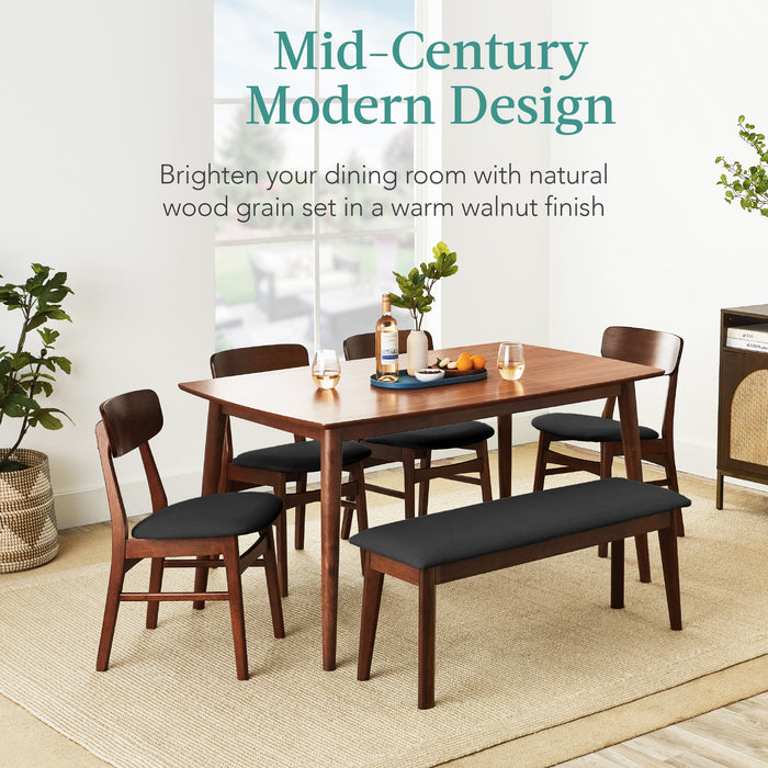 6-Piece Mid-Century Modern Upholstered Wooden Dining Set w/ 4 Chairs, Bench