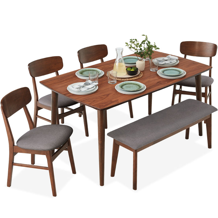 6-Piece Mid-Century Modern Upholstered Wooden Dining Set w/ 4 Chairs, Bench