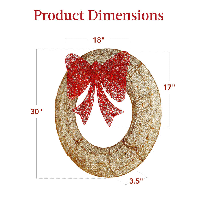 Couronne de Noël extérieure pré-éclairée, décoration de Noël en métal à DEL avec nœud - 30 po