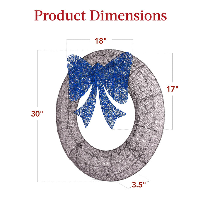 Couronne de Noël extérieure pré-éclairée, décoration de Noël en métal à DEL avec nœud - 30 po