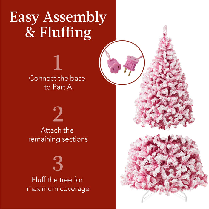 Prelit Pink Christmas Tree, Snow Flocked Full Holiday Decor w/ Metal Base