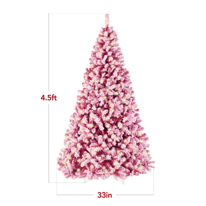 Prelit Pink Christmas Tree, Snow Flocked Full Holiday Decor w/ Metal Base