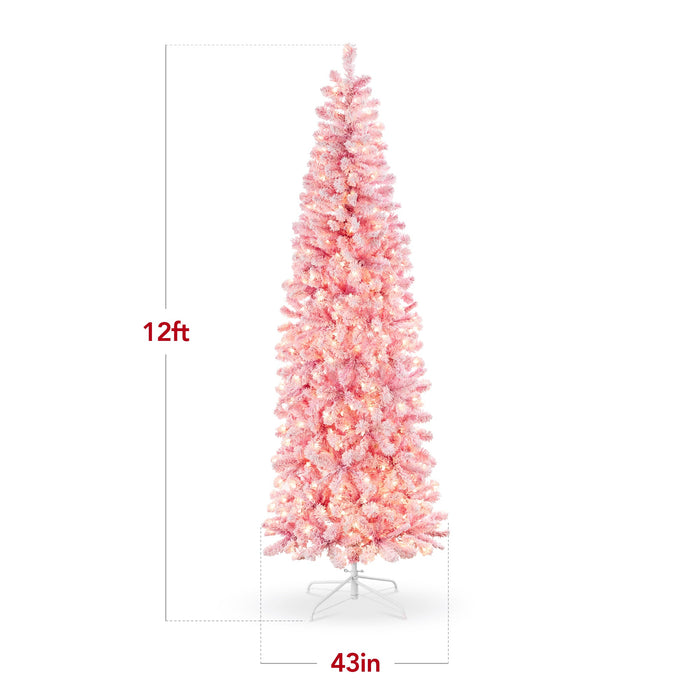 Sapin de Noël artificiel rose floqué de neige pré-éclairé