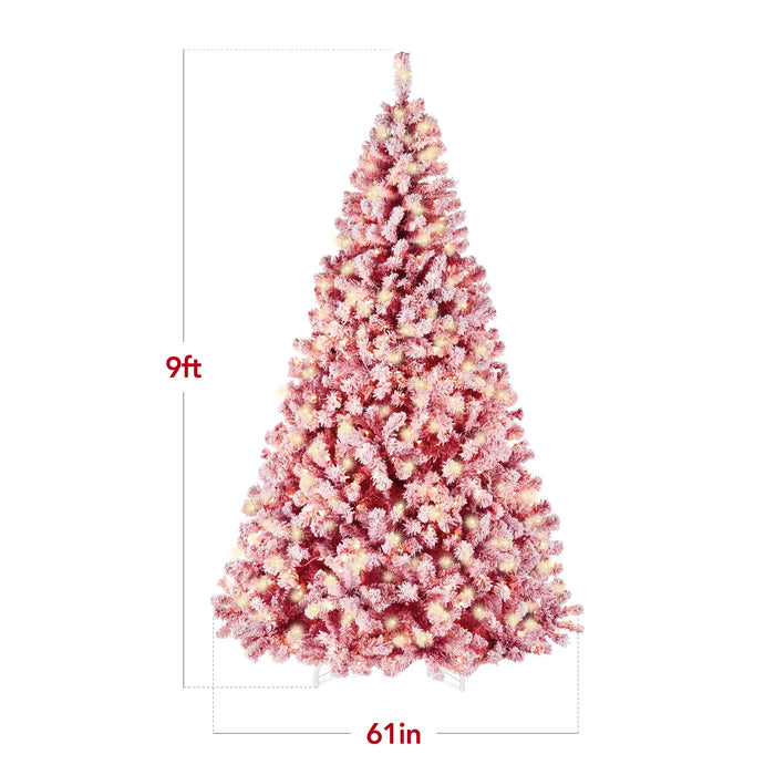 Sapin de Noël artificiel floqué rouge pré-éclairé avec lumières blanches