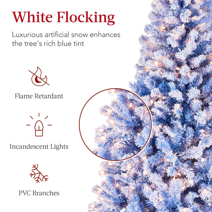 Pre-Lit Blue Flocked Artificial Pine Christmas Tree w/ White Lights