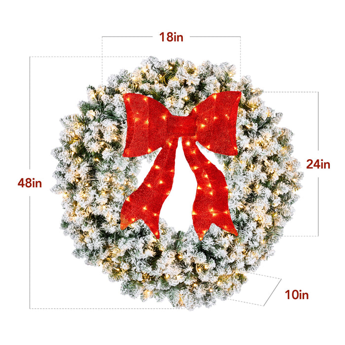 Couronne de Noël artificielle en sapin floqué pré-éclairé avec nœud rouge et lumières LED