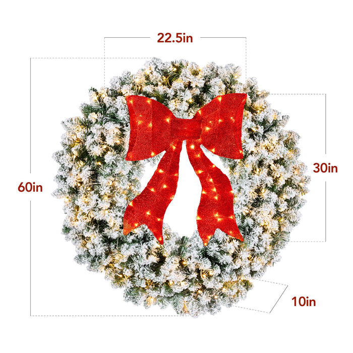 Couronne de Noël artificielle en sapin floqué pré-éclairé avec nœud rouge et lumières LED