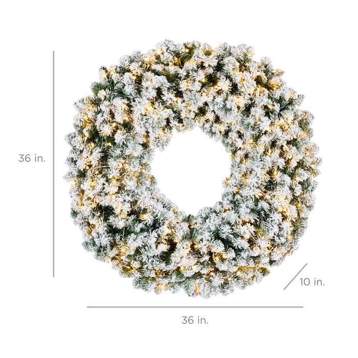 Couronne de Noël artificielle en sapin floqué pré-éclairé avec lumières LED 2 en 1