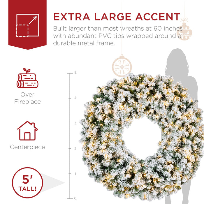 Couronne de Noël artificielle en sapin floqué pré-éclairé avec lumières LED 2 en 1