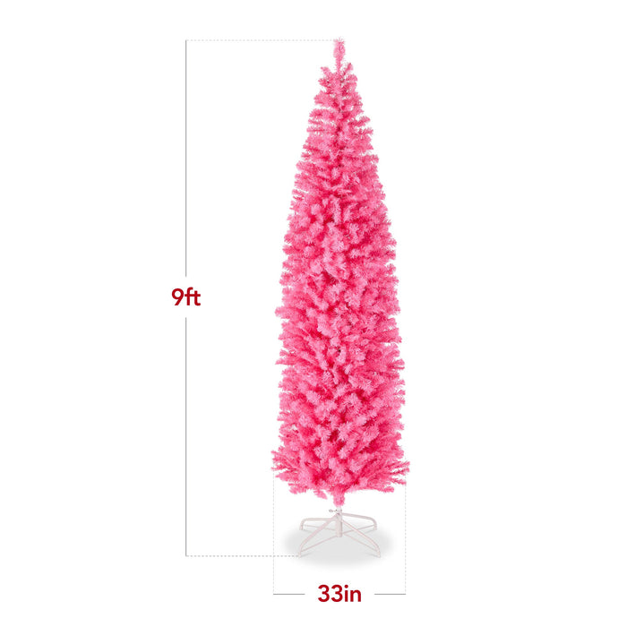 Sapin de Noël artificiel rose illuminé avec lumières blanches chaudes et support