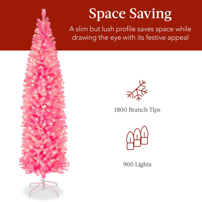 Sapin de Noël artificiel rose illuminé avec lumières blanches chaudes et support