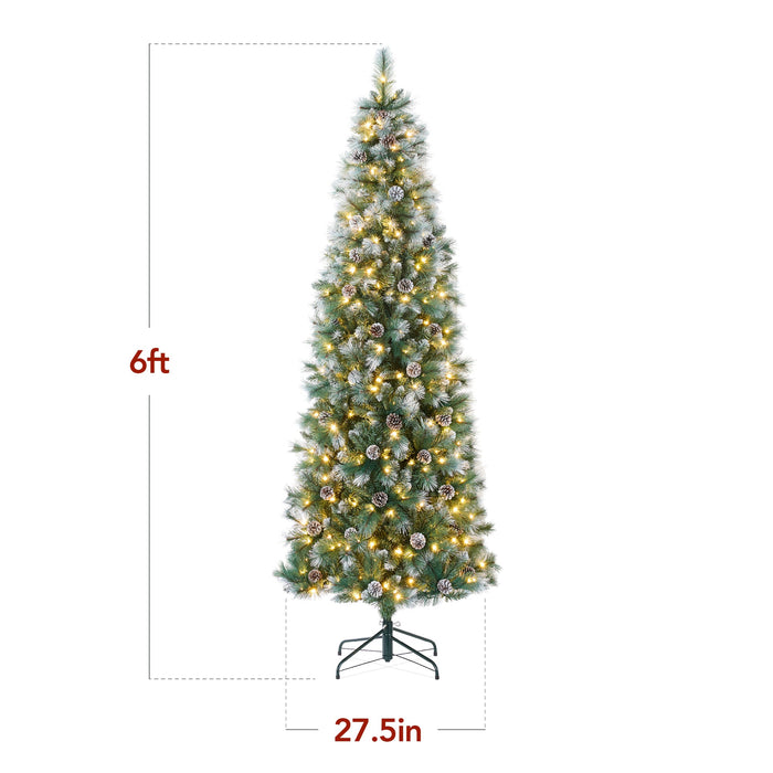 Sapin de Noël artificiel en pin sylvestre givré pré-éclairé avec support en métal