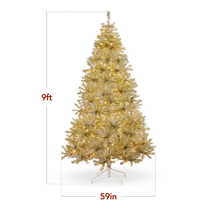 Sapin de Noël artificiel pré-éclairé en guirlandes dorées avec support pliable