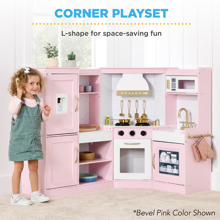 Pretend Play Corner Kitchen Wooden Toy Set for Kids w/ Lights, Sounds