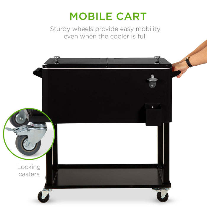 Portable Rolling Cooler Cart w/ Bottle Opener, Catch Tray - 80qt