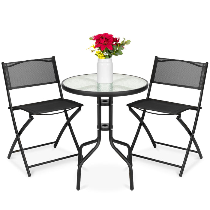 3-Piece Bistro Set w/ Glass Table, 2 Foldable Chairs