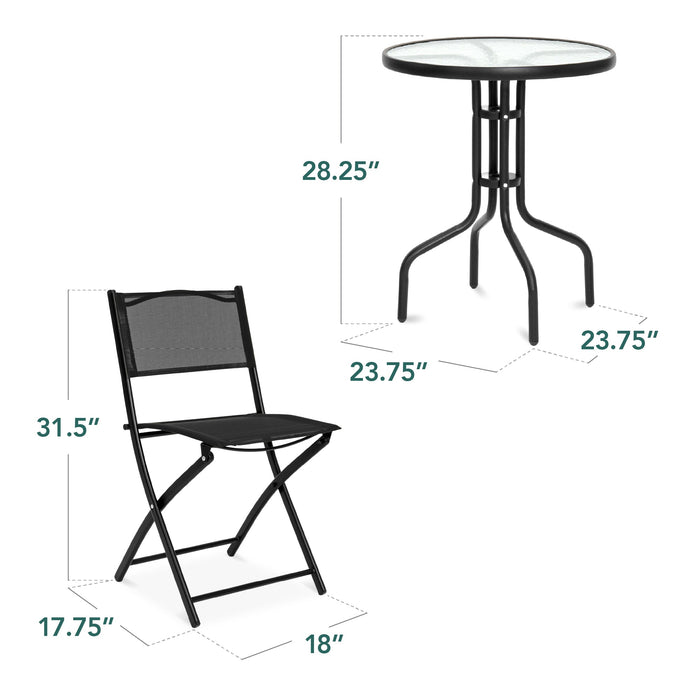 Ensemble bistro 3 pièces avec table en verre et 2 chaises pliables