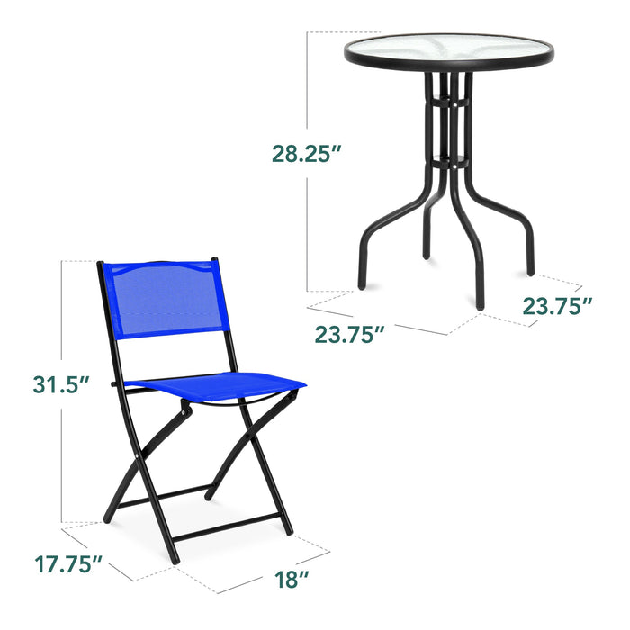 Ensemble bistro 3 pièces avec table en verre et 2 chaises pliables