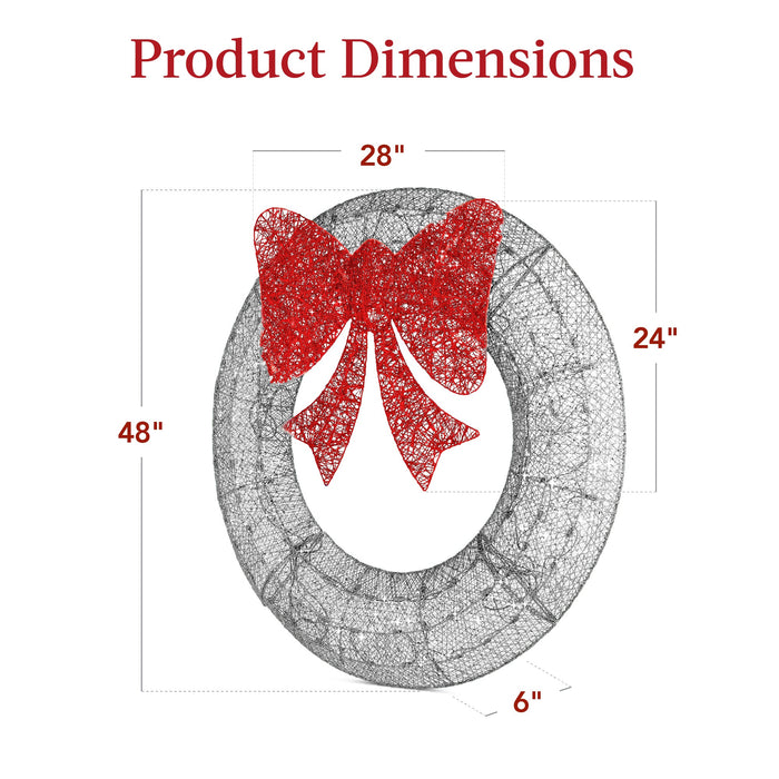 Pre-Lit Outdoor Christmas Wreath, LED Metal Holiday Decor w/ Bow - 48in