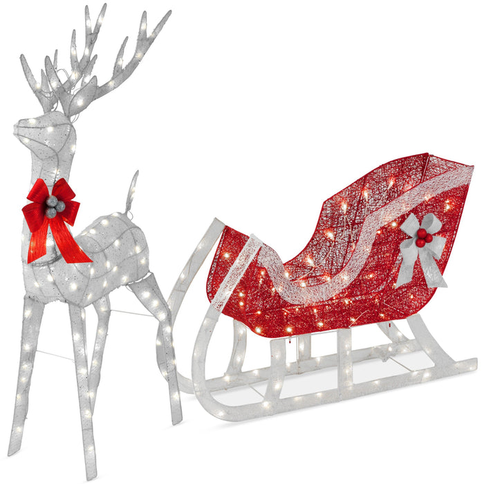 Lighted Christmas Reindeer & Sleigh Outdoor Decor Set w/ LED Lights