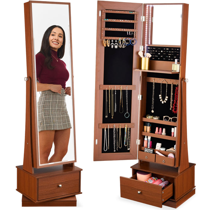 360 Swivel Mirrored Jewelry Cabinet Armoire w/ LED Lights, Mirror