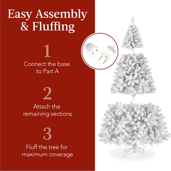 Pre-Lit White Snow Flocked Artificial Pine Christmas Tree w/ 2-in-1 Lights