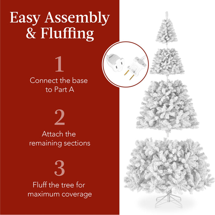 Pre-Lit White Snow Flocked Artificial Pine Christmas Tree w/ 2-in-1 Lights