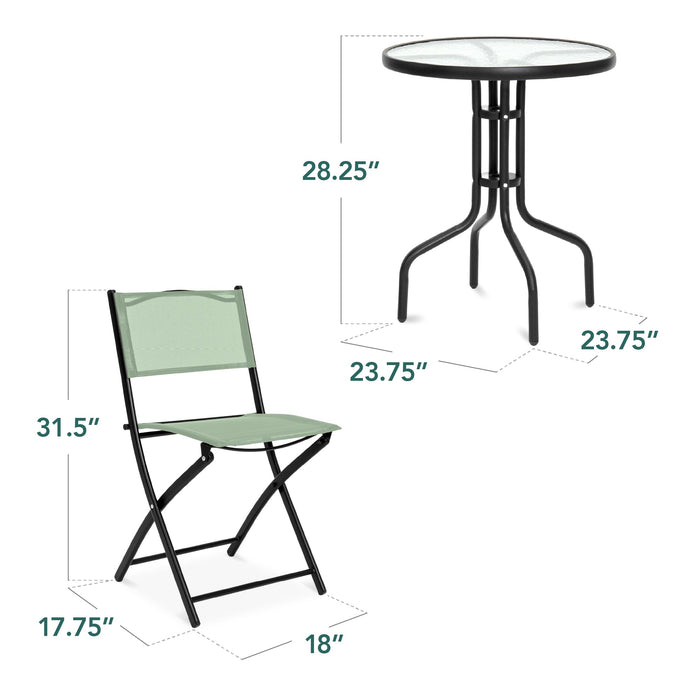 Ensemble bistro 3 pièces avec table en verre et 2 chaises pliables