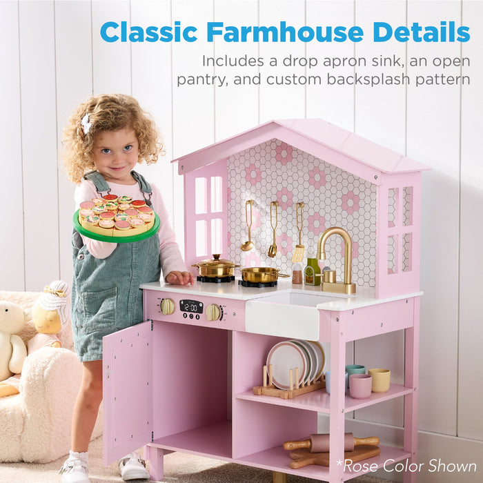 Pretend Play Wooden Farmhouse Kitchen Set w/ Storage, 5 Accessories