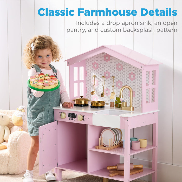 Pretend Play Wooden Farmhouse Kitchen Set w/ Storage, 5 Accessories