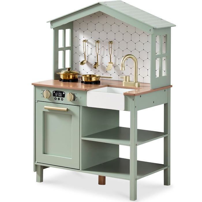 Pretend Play Wooden Farmhouse Kitchen Set w/ Storage, 5 Accessories