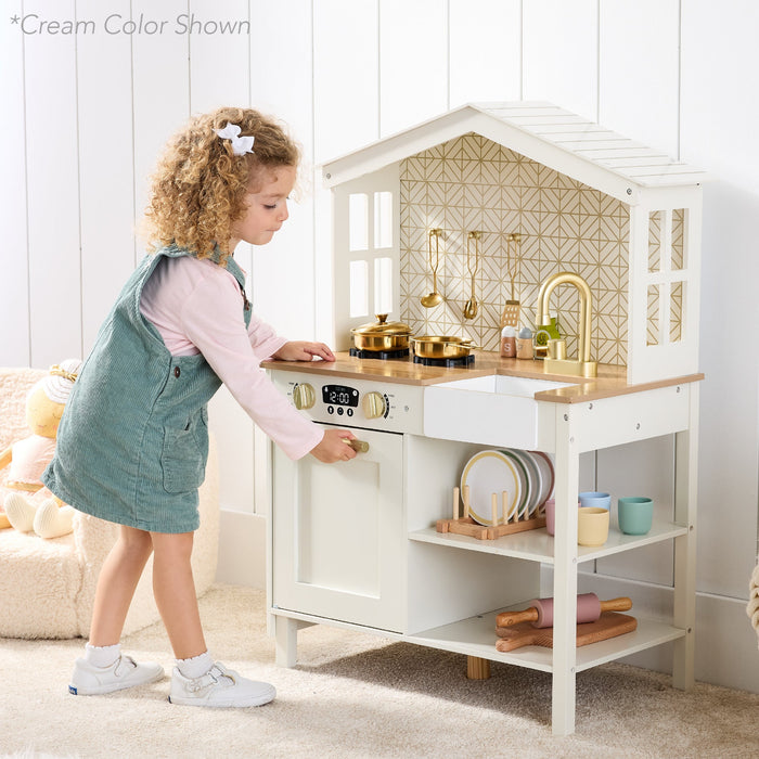 Pretend Play Wooden Farmhouse Kitchen Set w/ Storage, 5 Accessories