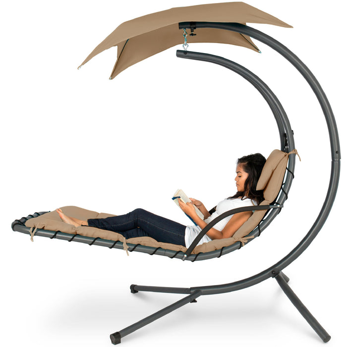 Hanging Curved Chaise Lounge Chair w/ Built-In Pillow, Removable Canopy